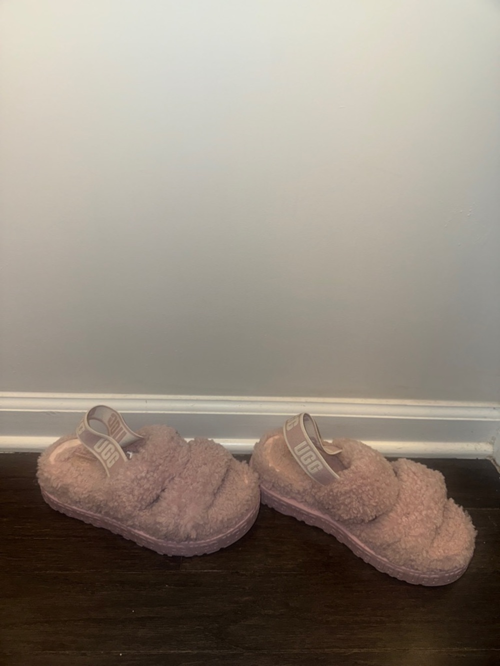 UGG Pink Fluff Slide Sandals with Branded Heel Strap